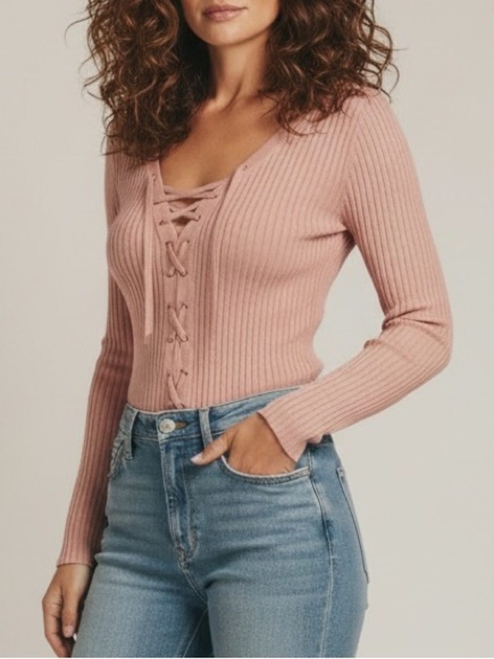 Guess Pink Lace Up Long Sleeve Ribbed Knit Sweater Size XL EUC